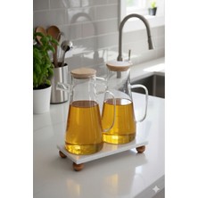 Özbience Mermer Stantlı Borosilikat Cam Yağlık Seti 2'li, Bambu Kapaklı, 900 ML+900 ml