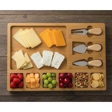 Barotti Ahşap Peynir Servis Tabağı 6+1 Bölmeli – 3’lü Peynir Bıçağı Seti Şarküteri Sunum Tahtası