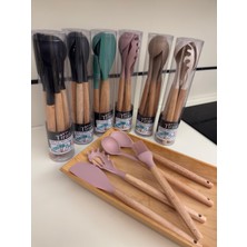 Tiran  5 Parça Ahşap Saplı Silikon Mutfak Servis Seti-Yanmaz Yapışmaz Kepçe Spatula Kaşık Fırça-Asorti Renkler