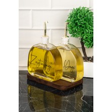 Özbience 2’li Oval Cam Yağdanlık Seti, Ahşap Stantlı, Gold Kapak, Ayçiçek ve Zeytinyağı Etiketi