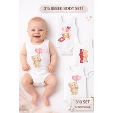 Babyden's 3’lü Bebek Body Seti %100 Pamuk Ayıcık Desenli Sevgililer Günü Bebek Body Kolsuz Çıtçıtlı Zıbın