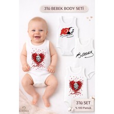 Babyden's 3’lü Atatürk Temalı Bebek Body Seti %100 Pamuk Kolsuz Çıtçıtlı Zıbın | Yenidoğan & Bebek Body Takımı