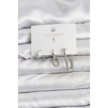 Kyops Gümüş Renk Zirkon Taşlı 3'lü Kadın Küpe Seti - Lisinya