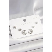 Kyops 925 Ayar Gümüş Çivi Zirkon Taşlı Hilal Yıldız Model Kadın Küpe Seti - Lisinya