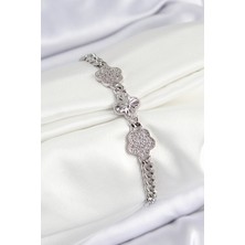 Kyops Pirinç Zirkon Taşlı Yonca Model Gümüş Renk Kadın Bileklik - Lisinya