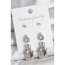 Kyops Pirinç Gümüş Renk Zirkon Taş Detay Sallantılı Kare Model 3 Çift Kadın Küpe Seti - Lisinya