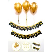 Özbience Ramazan Hoşgeldin Yazısı ve 3 Gold Metalik Balon Süsleme Seti