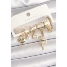 Kyops Pirinç Gold Renk Sallantı Yılan Model Zirkon Taşlı Halka Kilit Kalp Detay Kadın Küpe Seti - Lisinya