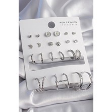 Kyops Pirinç Gümüş Renk Papatya Detaylı 12 Çift Kadın Küpe Seti - Lisinya