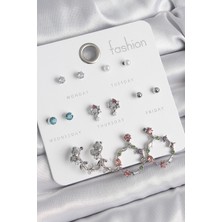 Kyops Pirinç Gümüş Renk Zirkon Taşlı Gül Figür Halka Model 7 Çift Kadın Küpe Seti - Lisinya