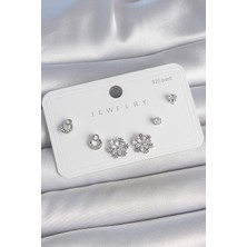 Kyops Pirinç Gümüş Renk Zirkon Taşlı Kar Tanesi Model 925 Ayar Gümüş Çivi Kadın Küpe Seti - Lisinya