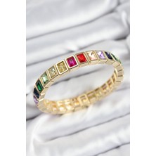 Kyops Pirinç Karışık Zirkon Taşlı Dikdörtgen Model Gold Renk Lastikli Kadın Bileklik - Lisinya