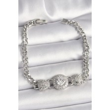 Hatıra Kutusu Pirinç Gümüş Renk Zirkon Taşlı Leopar Figür Zincir Model Kadın Bileklik - Lisinya