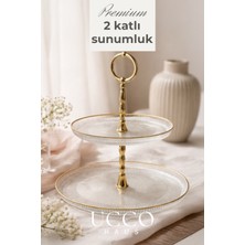 Ucco 2 Katlı Sensu Premium Lüks Gold Cam Sunumluk Tabak | Çay Saati Kahve Yanı Kek Kurabiye Lokum Standı