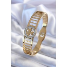 Hatıra Kutusu 316L Çelik Gold Renk Zirkon Taşlı Yonca Model Kadın Kelepçe - Lisinya