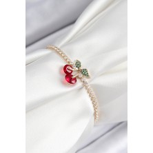 Hatıra Kutusu Pirinç Zirkon Taşlı Kiraz Model Gold Renk Asansörlü Kadın Bileklik - Lisinya