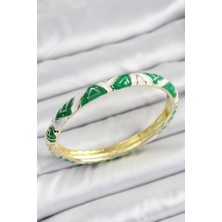 Hatıra Kutusu Mineli Pirinç Yeşil Beyaz Motifli Kadın Kelepçe - Lisinya