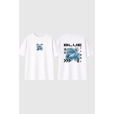 Urbvn Blue Light Tasarım Baskılı Beyaz Oversize T Shirt