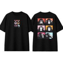 Urbvn Monkey Faces Tasarım Baskılı Siyah Oversize T-Shirt