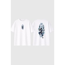 Urbvn Blue Anime Boy Tasarım Baskılı Beyaz Oversize T Shirt