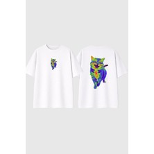 Urbvn Thermal Cat Tasarım Baskılı Beyaz Oversize T Shirt