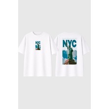 Urbvn Nyc 2 Tasarım Baskılı Beyaz Oversize T Shirt