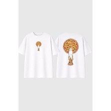 Urbvn Pizza Dilim Tasarım Baskılı Beyaz Oversize T Shirt