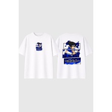 Urbvn Blue Samurai Tasarım Baskılı Beyaz Oversize T Shirt