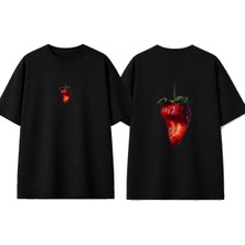Urbvn Bite Strawberry Tasarım Baskılı Siyah Oversize T-Shirt