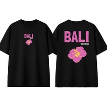 Urbvn Bali Flower Tasarım Baskılı Siyah Oversize T-Shirt