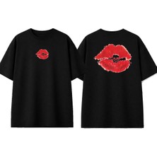 Urbvn Lips Skull Tasarım Baskılı Siyah Oversize T-Shirt