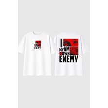 Urbvn Enemy Tasarım Baskılı Beyaz Oversize T Shirt
