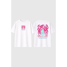 Urbvn Pink Ghosts Tasarım Baskılı Beyaz Oversize T Shirt