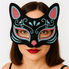 Zero Land Snmswrld Siyah Renk Süet Kaplama Üzeri Mavi Kırmızı Simli Kedi Maskesi 17X14 cm