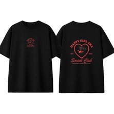 Urbvn Happy Girl Era Tasarım Baskılı Siyah Oversize T-Shirt