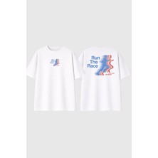 Urbvn Run Race Tasarım Baskılı Beyaz Oversize T Shirt