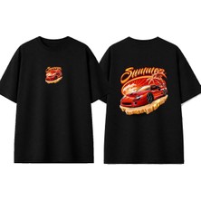 Urbvn Red Car Tasarım Baskılı Siyah Oversize T-Shirt
