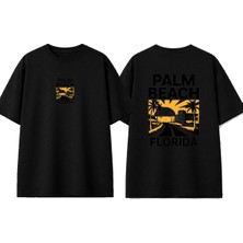 Urbvn Palm Beach Tasarım Baskılı Siyah Oversize T-Shirt