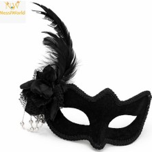 Beyaz Inci Detaylı Siyah Süet Venedik Kadın Maskesi Tüylü Güllü