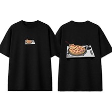 Urbvn Pizza Plak Tasarım Baskılı Siyah Oversize T-Shirt