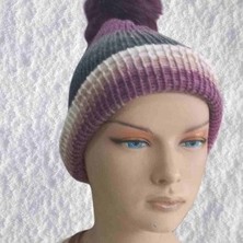 Urfakent El Örgüsü Doğal Yün ve Akrilik Karışımlı Sıcacık Kış Beresi Mor Gri Karışık Renk