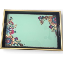 Sudedi Home Altın Çerçeveli Yeşil Floral Desenli Melamin Sunum Tepsisi 31X46 cm