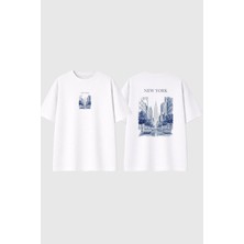 Urbvn Ny Street Tasarım Baskılı Beyaz Oversize T Shirt