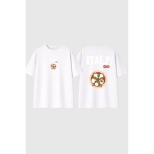 Urbvn Italy Pizza Tasarım Baskılı Beyaz Oversize T Shirt