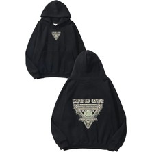 Urbvn Life Is Once Tasarım Baskılı Oversize Siyah Kapüşonlu Sweatshirt