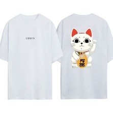 Urbvn Korean Cat Tasarım Baskılı Beyaz Oversize T-Shirt