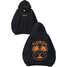 Urbvn Florida Ocean Tasarım Baskılı Oversize Siyah Kapüşonlu Sweatshirt