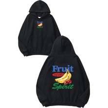 Urbvn Fruit Spirit Tasarım Baskılı Oversize Siyah Kapüşonlu Sweatshirt