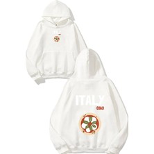 Urbvn Italy Pizza Tasarım Baskılı Oversize Beyaz Kapüşonlu Sweatshirt
