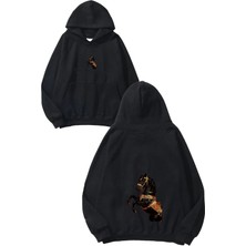 Urbvn Horse Gold Tasarım Baskılı Oversize Siyah Kapüşonlu Sweatshirt